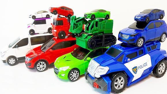 警车消防车起重机变身动画片