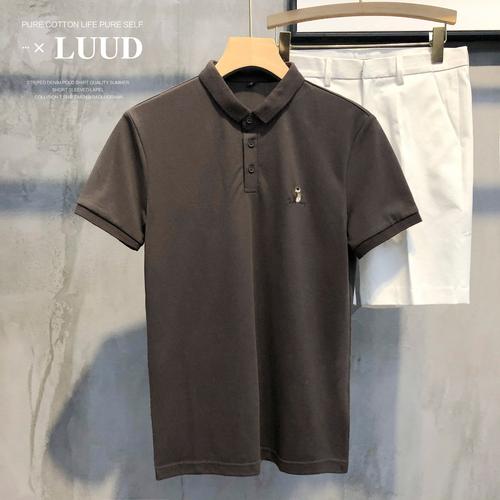 夏季男装上衣短袖修身刺绣猫头鹰翻领