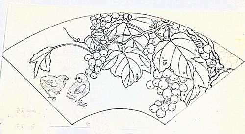 田荣桂白描工笔扇面花鸟画之一