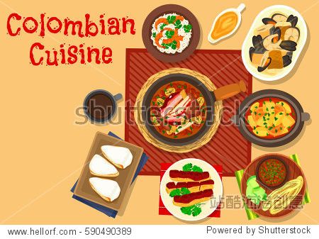 colombian cuisine dinner icon of shrimp rice, bean stew with
