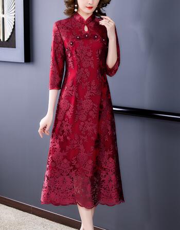 中年婚宴秋季新款洋气喜婆婆婚礼礼服气质连衣裙女年轻妈妈红色4xl