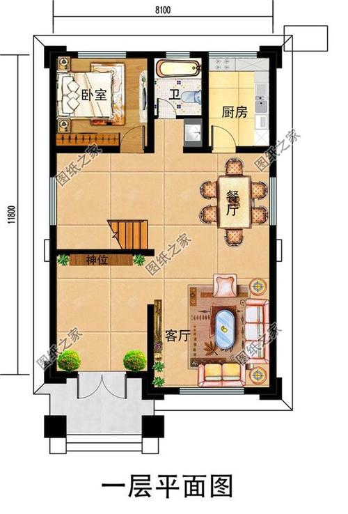 设计功能: 一层户型:老人房,公卫,厨房,餐厅,神台,客厅; 二层户型