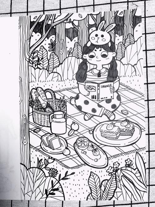 零基础手绘|野餐|简笔画|黑白线稿_手绘_野餐_简笔画