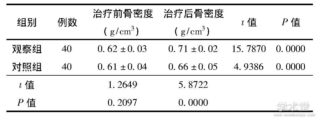表3 2组骨质疏松症患者治疗前后骨密度指标比较