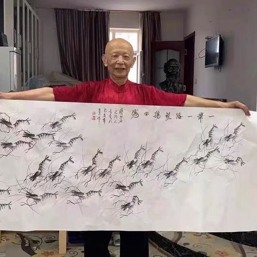 董长青新款纯手绘写意荷花墨虾图荷气满堂名人字画精品真迹小六尺