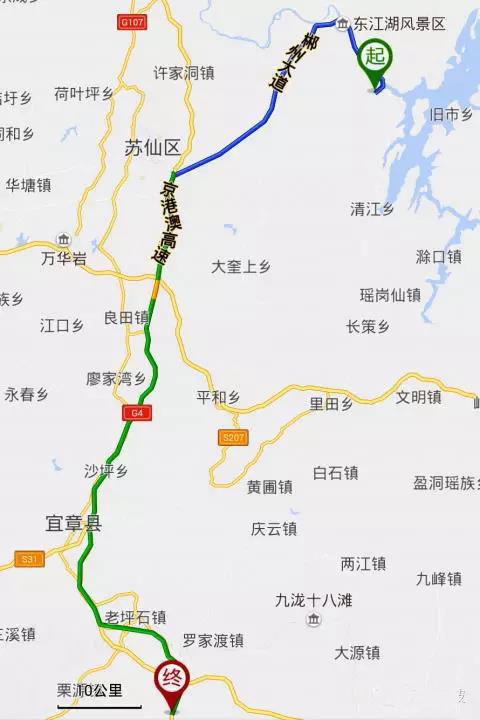 附图1,图中深色线为今天从郴州资兴梧洞村驶往g4高速梅花站的路线.