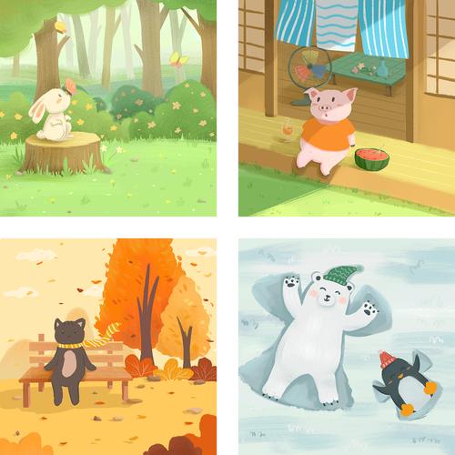 儿童插画-春夏秋冬