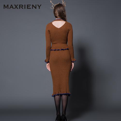 maxrieny 2016冬季新品复古太妃糖色直桶毛衫半裙 玛克茜妮