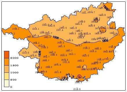 2013年广西年日照时数分布图(单位:小时)