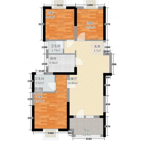 旭辉御府3室2厅2卫1厨100.00㎡户型图