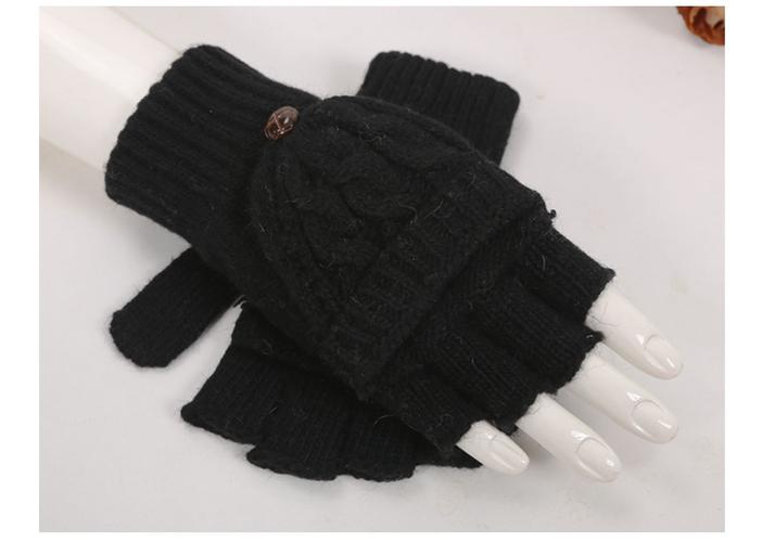 女士针织露指手套秋冬季半截可爱女学生五指半指翻盖毛线加厚写字保暖