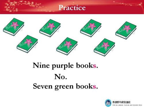 practice nine purple books. no. seven green books.