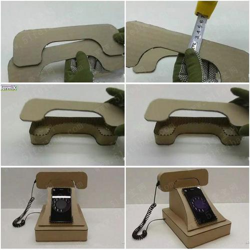 diy瓦楞纸板复古座机电话手机架 - 废物利用手工diy小