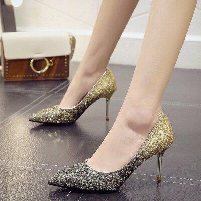 高跟鞋细跟女尖头性感9cm浅口亮片婚纱鞋尖头公主单鞋礼服伴娘鞋