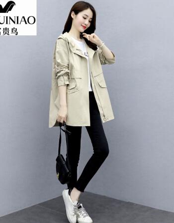 高档品牌女装米卡色s> 富贵鸟高端精品风衣女中长款2021秋季新款连帽