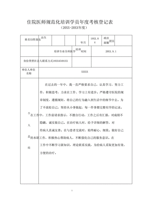 住院医师规范化培训学员年度考核登记表模板docx6页