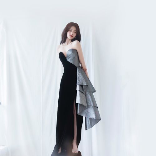 白鹿同款抹胸银黑拼接不规则连衣裙长款年会晚宴礼服