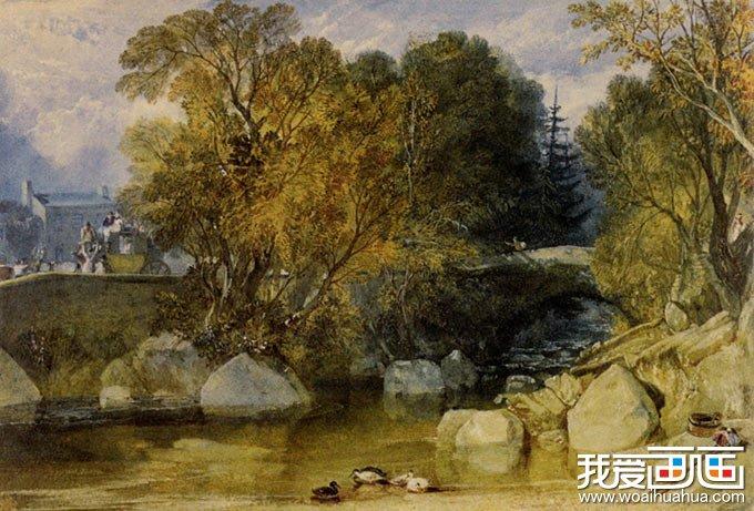 英国画家特纳《大树 石桥 溪流》水彩画作品