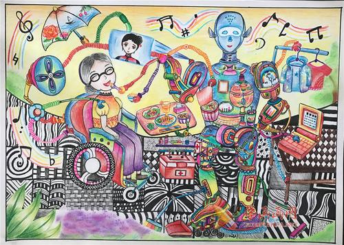 三等奖小学生科幻画《多功能助老机器人》赏析