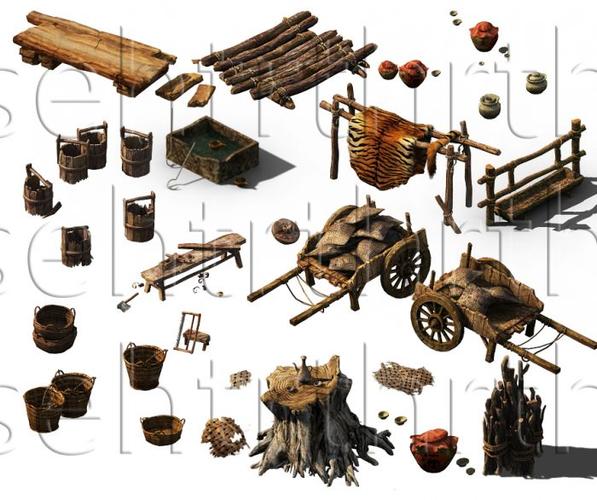 大量写实的杂物件道具3d高模型,手推车锯斧麻袋布袋木板水桶木柴火大