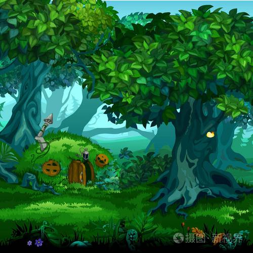 魔法森林移动树木.矢量卡通特写插图插画-正版商用0pm