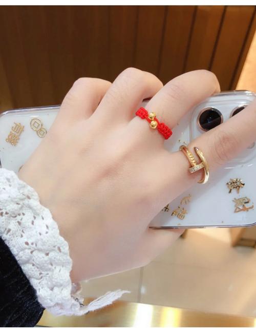 黄金转运珠戒指女款999足金指环编织黑红绳男纯金珠子小金豆豆生日