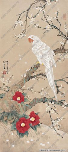 喻继高国画作品 桃花鹦鹉 高清下载