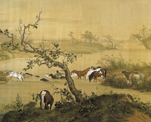 厂家热销 朗世宁百骏图 无纺纸大型壁画