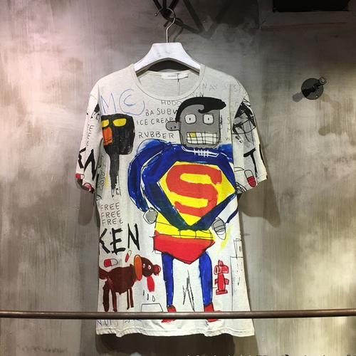 热卖潮牌帅气男短袖t恤 夏季韩版个性涂鸦超人嘻哈潮流圆领学生情侣装