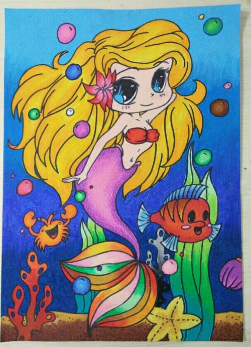儿童画!美人鱼!油画棒