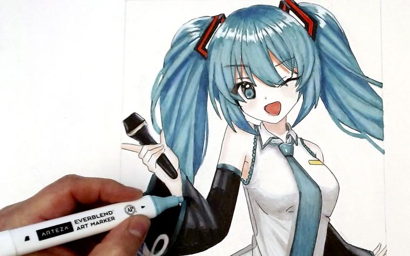 马克笔临摹画一只手持话筒的初音未来