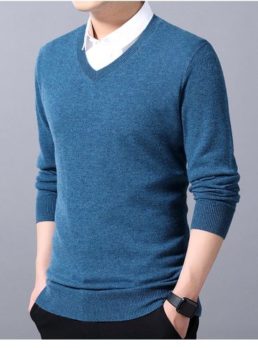 啄木鸟秋冬新款毛衣男保暖羊毛衫鸡心领修身 草绿v领