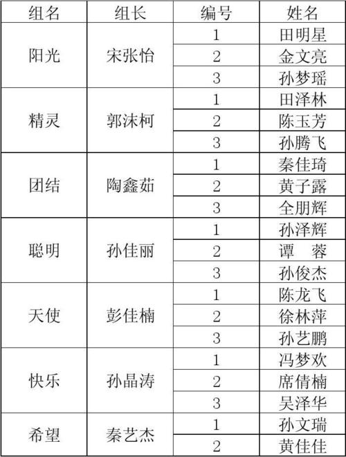 五年级小组合作成员名单