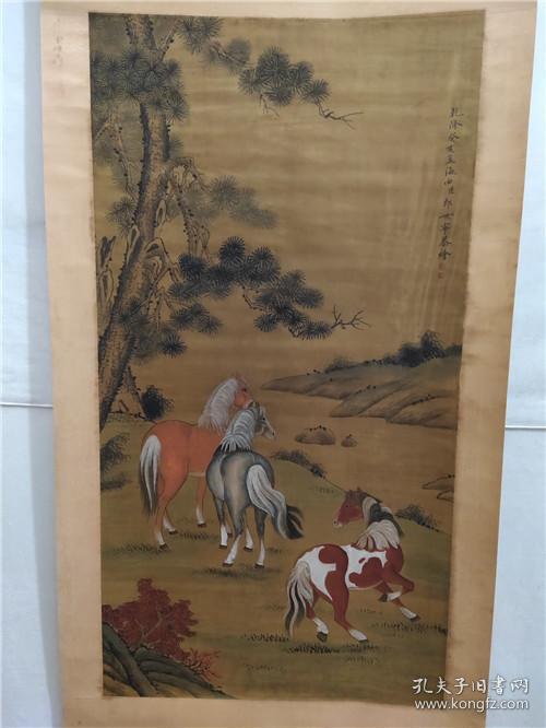 旧藏四尺绢布中堂画《郎世宁马》纯手绘3h 210x82cm