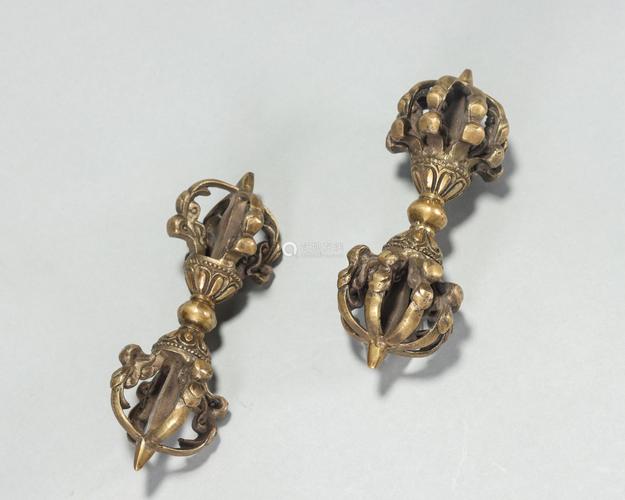 铜制十字杵,多瓣降魔杵一对