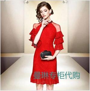 恩曼琳正品代购国内2019春新款连衣裙气质女装红色礼服蕾丝新娘裙