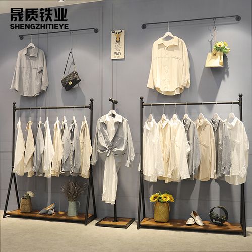 女装铁艺木板落地式服装店衣服展示架中岛正侧挂货架简约落地组合