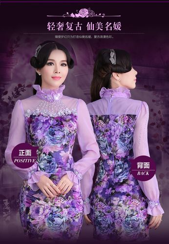 玉羲网纱拼接印花连衣裙女长袖2017春装新款复古立领修身包臀裙子