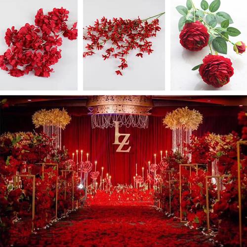 中式红色花艺牡丹玫瑰花洋婚礼仿真花大红色v红色婚庆布置装饰假花