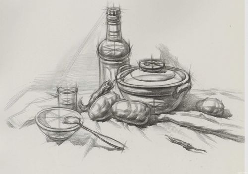 素描静物组合砂锅酒瓶等附带结构图