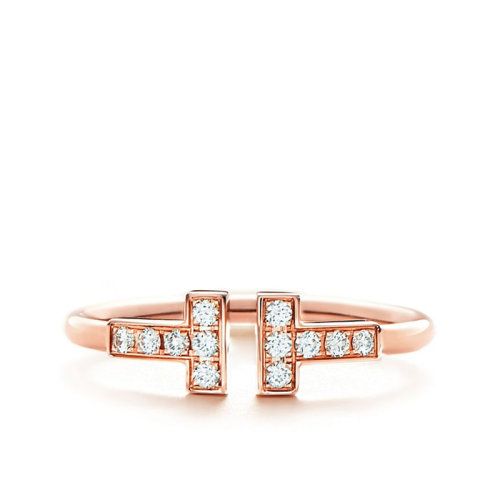 tiffany t戒指,tiffany t系列 蒂芙尼 经典tiffany t系列 18k金玫瑰金镶嵌钻石t形wire戒指婚戒grp