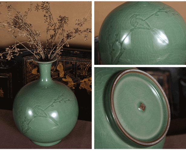 zx/正尔玉 瓷器 龙泉青瓷 艺术品 手工哥窑梅子青刻花大胆式瓶