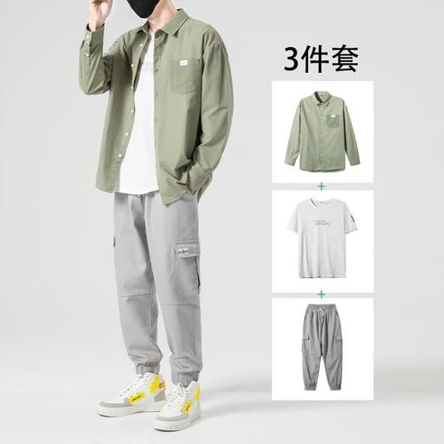 男装秋季一套搭配潮流帅气轻熟短袖衬衫2021新款韩版穿搭男生套装