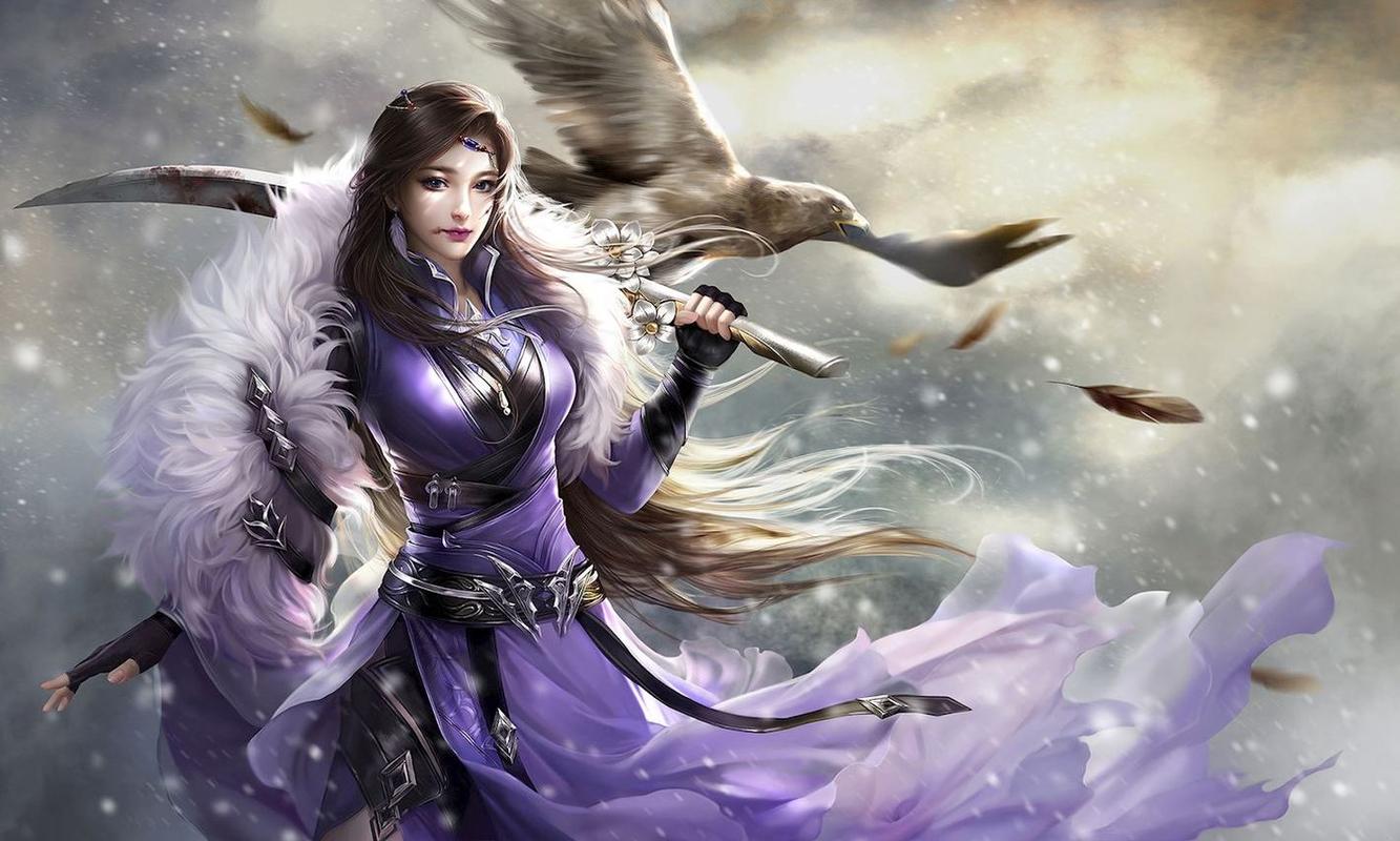 2k插画中国风古装3d古风美女大漠 剑客 苍鹰超高清壁纸