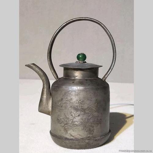 清代老锡壶满工刻花花鸟富贵图古玩老茶壶白锡茶具精美古董老物件