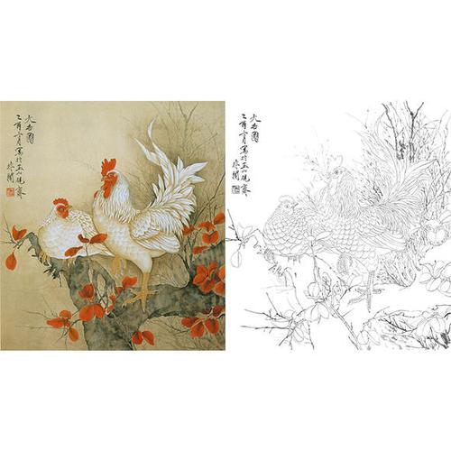 于非闇白描底稿工笔花鸟公鸡大吉图多种白描尺寸可选yf01
