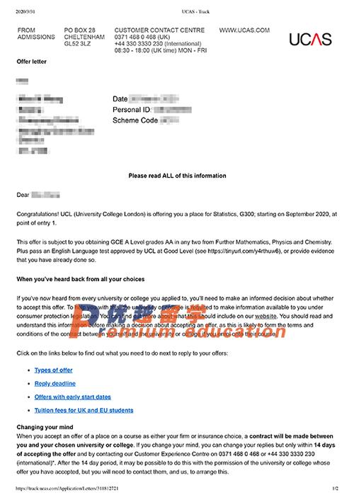 2020offer:恭喜王同学获得伦敦大学学院统计学本科通知书