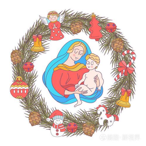 矢量贺卡. 圣母玛利亚和婴儿耶稣.