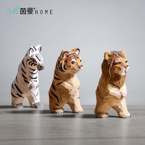 木雕工艺品小老虎客厅摆件家居饰品 茵曼实木手工木雕摆件老虎
