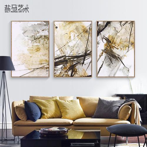 黑白抽象发财树 现代简约客厅装饰画 沙发背景墙三联画 冰晶挂画